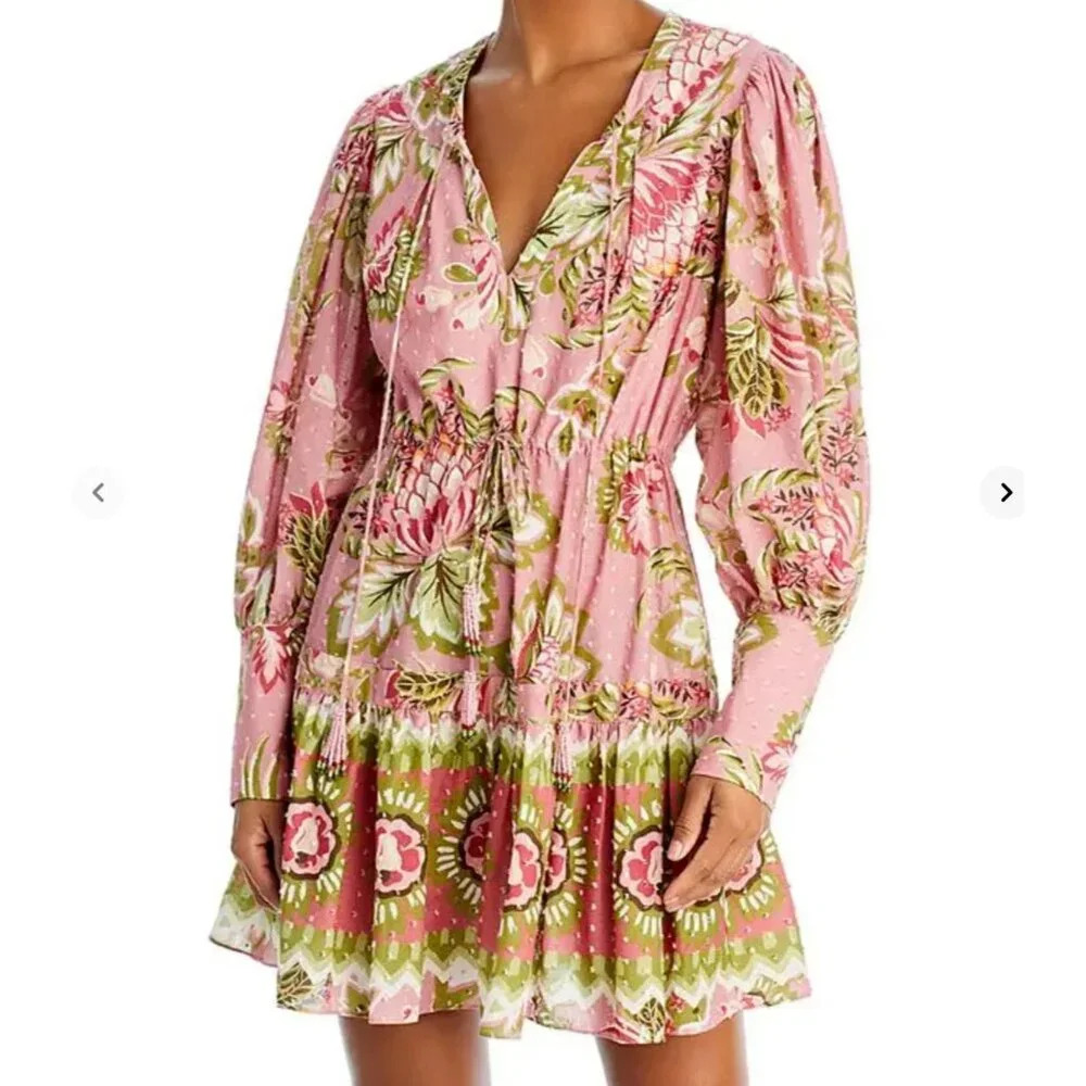 Farm Rio New Aura Floral Pink Tiered Mini Peasant Dress Medium Long Sleeve - Picture 1 of 15